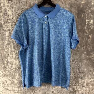 LL Bean Plus Size 2X Floral Print Polo Top Blue Short Sleeve Collar